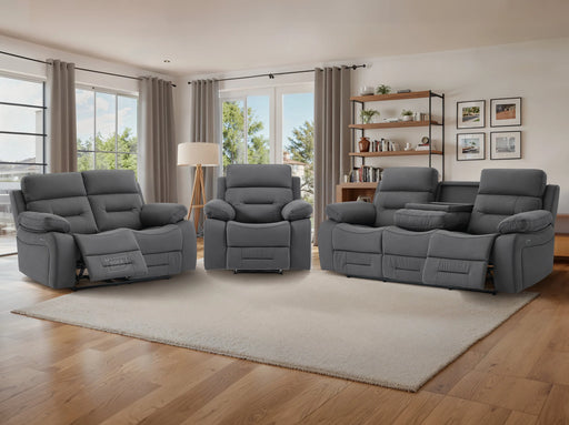 3 2 1 Electric Recliner Sofa Set. 3 Piece Recliner Sofa Package Suite in Grey Velvet with Drop Down Table & Drink Holders & USB Ports- Foster