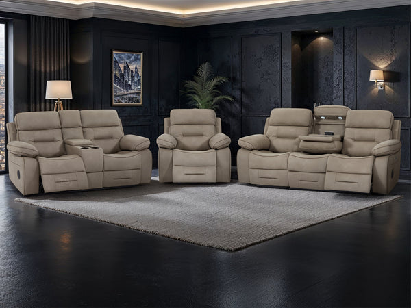 3+2+1 Seater Beige Fabric Sofas with Drop-Down Table, Power Headrest, Power Recliner, Bluetooth, Socket Set, Storage Drawer, USB & Wireless Charging | Sicily | The Sofa Shop