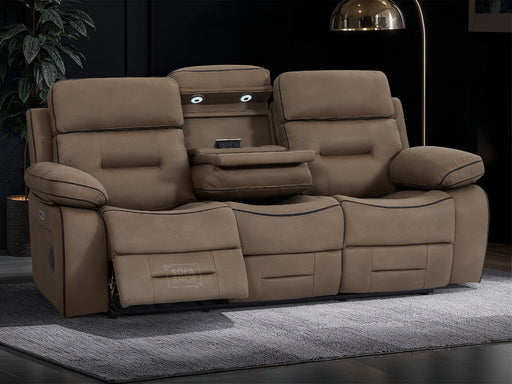 3 Seater Electric Recliner Cinema Sofa in Brown Fabric with Table, LED Reading Light, Bluetooth, USB & Storage Drawer | Sicily | The Sofa Shop