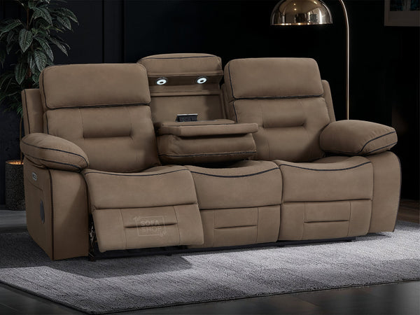 3 Seater Electric Recliner Cinema Sofa in Brown Fabric with Table, LED Reading Light, Bluetooth, USB & Storage Drawer | Sicily | The Sofa Shop