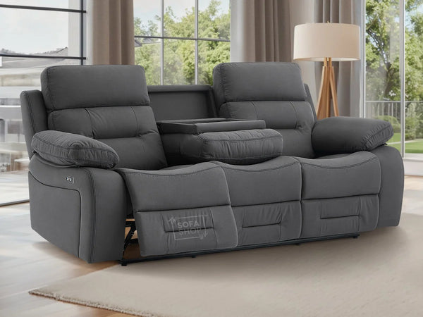 3 Seater Electric Recliner Sofa in Grey Velvet Fabric With USB, Drop Down Table & Cup Holders - Foster