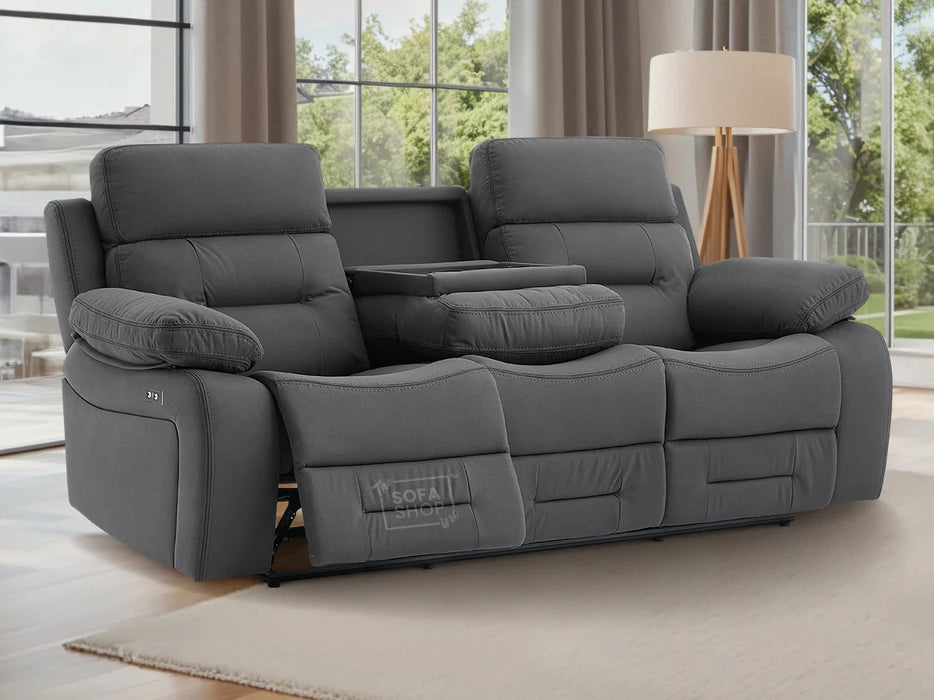 3 Seater Electric Recliner Sofa in Grey Velvet Fabric With USB, Drop Down Table & Cup Holders - Foster