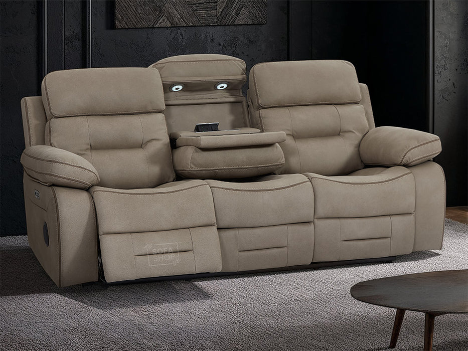 Reclining 3 Seater Sofa | Hi-Tech Home Cinema Couch In Beige Fabric with Bluetooth, LED, USB Ports & Power Reclining | Sicily | The Sofa Shop