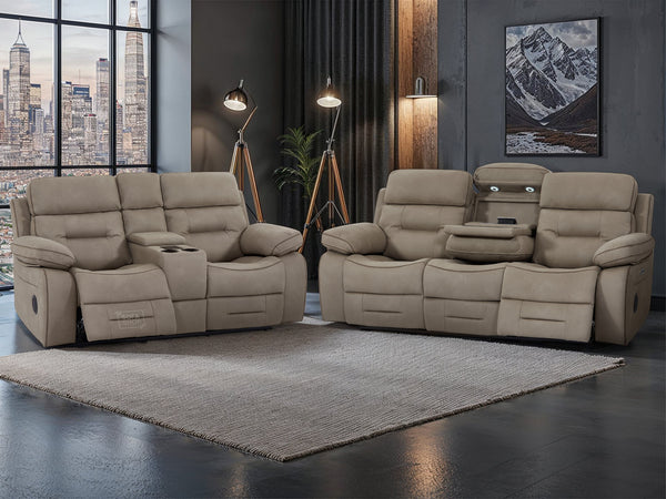 3+2 Seater Beige Fabric Sofas with Drop-Down Table, Power Headrest, Power Recliner, Bluetooth, Socket Set, Storage Drawer, USB Port | Beige Fabric | Sicily | The Sofa Shop