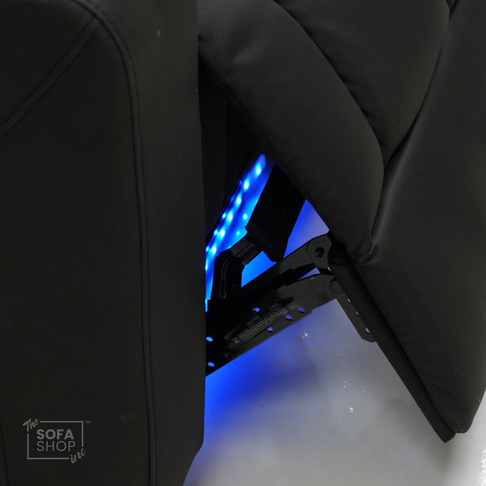 Electric Recliner Cinema Chair in Black Fabric with USB Port, Cup Holders, Storage, Massage, and LED Lights | Small Rip on Right-Hand Facing Side Panel Back | Siena | Second Hand Sofa 30 | The Sofa Shop