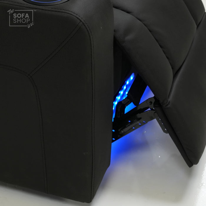Electric Recliner Cinema Chair in Black Fabric with USB Port, Cup Holders, Storage, Massage, and LED Lights | Small Rip on Right-Hand Facing Side Panel Back | Siena | Second Hand Sofa 30 | The Sofa Shop