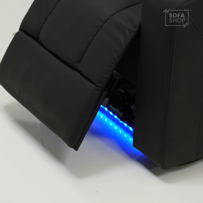 Electric Recliner Cinema Chair in Black Fabric with USB Port, Cup Holders, Storage, Massage, and LED Lights | Small Rip on Right-Hand Facing Side Panel Back | Siena | Second Hand Sofa 30 | The Sofa Shop