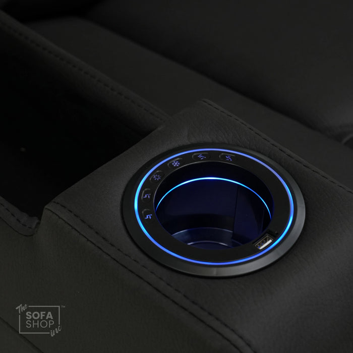 Electric Recliner Cinema Chair in Black Fabric with USB Port, Cup Holders, Storage, Massage, and LED Lights | Small Rip on Right-Hand Facing Side Panel Back | Siena | Second Hand Sofa 30 | The Sofa Shop