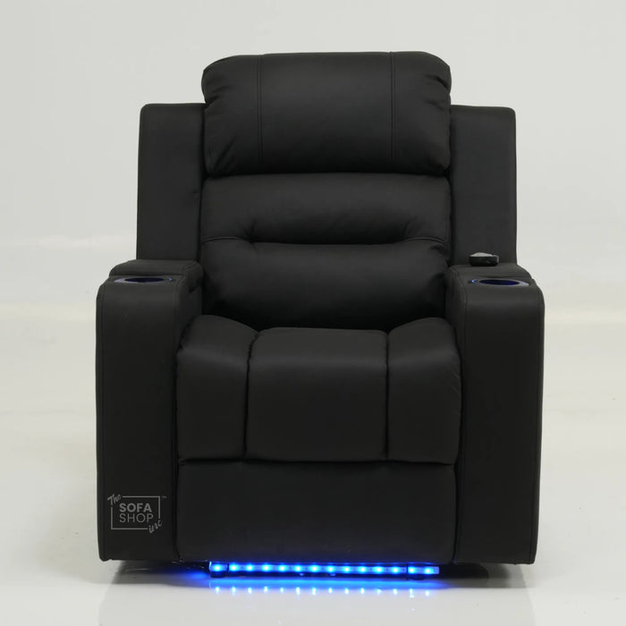 Electric Recliner Cinema Chair in Black Fabric with USB Port, Cup Holders, Storage, Massage, and LED Lights | Small Rip on Right-Hand Facing Side Panel Back | Siena | Second Hand Sofa 30 | The Sofa Shop