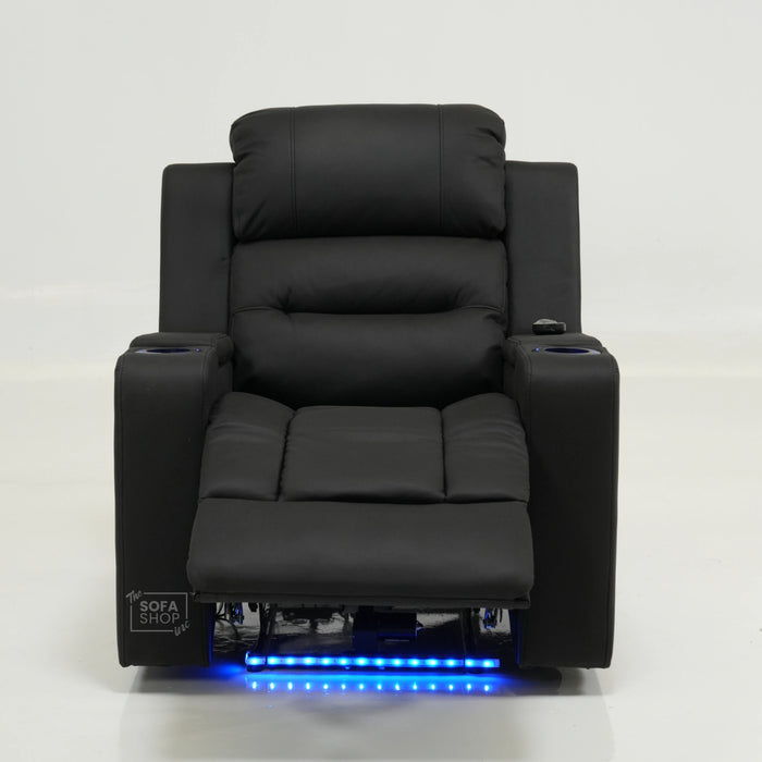 Electric Recliner Cinema Chair in Black Fabric with USB Port, Cup Holders, Storage, Massage, and LED Lights | Small Rip on Right-Hand Facing Side Panel Back | Siena | Second Hand Sofa 30 | The Sofa Shop