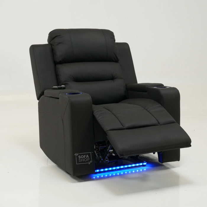 Electric Recliner Cinema Chair in Black Fabric with USB Port, Cup Holders, Storage, Massage, and LED Lights | Small Rip on Right-Hand Facing Side Panel Back | Siena | Second Hand Sofa 30 | The Sofa Shop