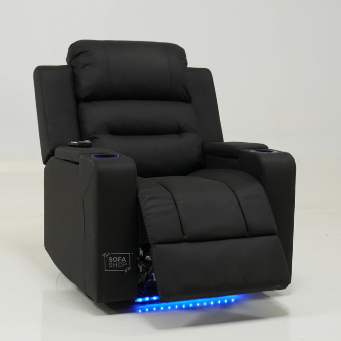 Electric Recliner Cinema Chair in Black Fabric with USB Port, Cup Holders, Storage, Massage, and LED Lights | Small Rip on Right-Hand Facing Side Panel Back | Siena | Second Hand Sofa 30 | The Sofa Shop