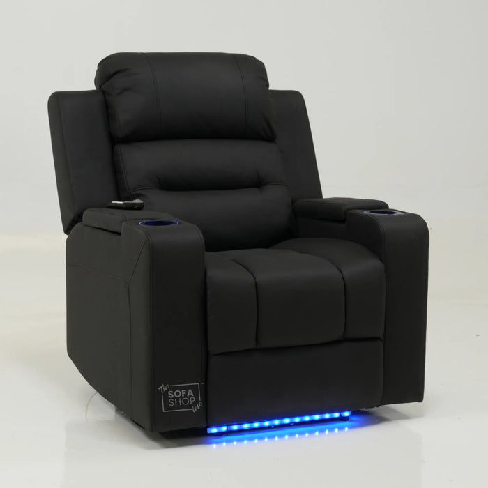 Electric Recliner Cinema Chair in Black Fabric with USB Port, Cup Holders, Storage, Massage, and LED Lights | Small Rip on Right-Hand Facing Side Panel Back | Siena | Second Hand Sofa 30 | The Sofa Shop