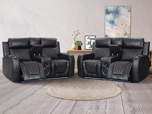 2+2 Smart Electric Recliner Sofa Package - Cinema Sofa Set with Speakers, Massage, Storage & Wireless Charger in Black Leather - Venice Series One