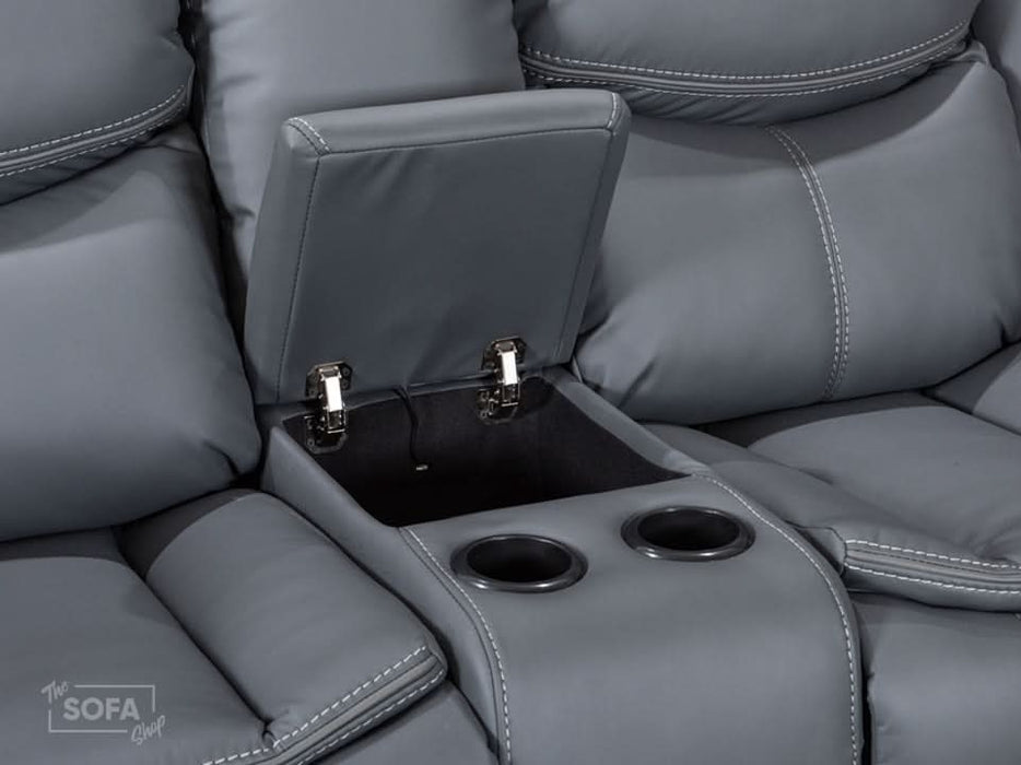 2 Seater Cinema Sofa in Grey Super Fiber Leather | Hi-Tech Console Couch with Power Recline + USB Charging + Wireless Charging + Console Storage + Cup Holders | Highgate | The Sofa Shop