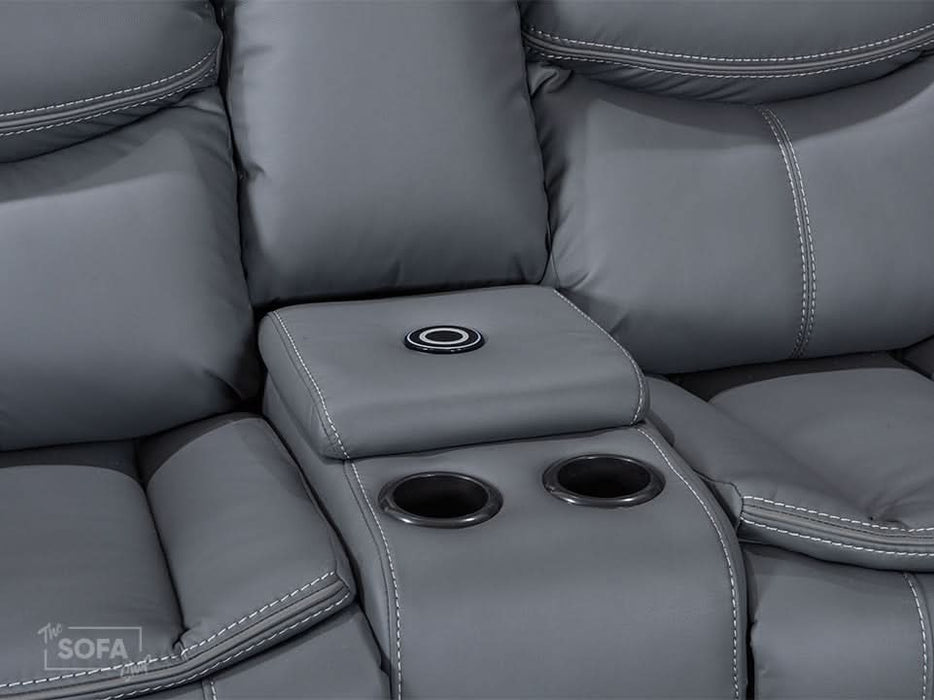 2 Seater Cinema Sofa in Grey Super Fiber Leather | Hi-Tech Console Couch with Power Recline + USB Charging + Wireless Charging + Console Storage + Cup Holders | Highgate | The Sofa Shop