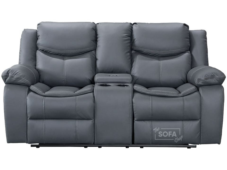 2 Seater Cinema Sofa in Grey Super Fiber Leather | Hi-Tech Console Couch with Power Recline + USB Charging + Wireless Charging + Console Storage + Cup Holders | Highgate | The Sofa Shop