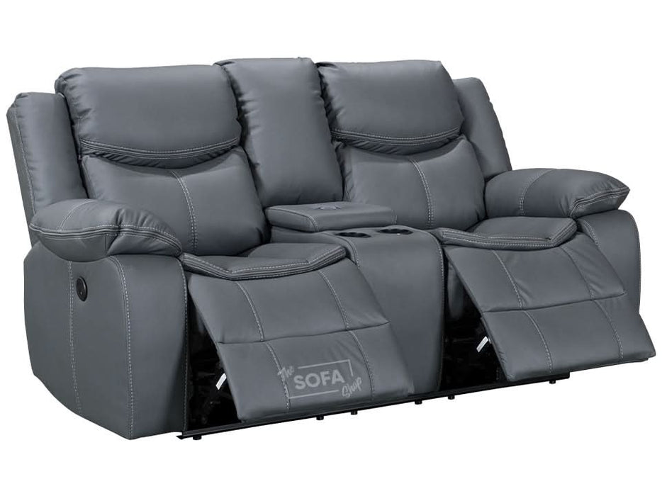 2 Seater Cinema Sofa in Grey Super Fiber Leather | Hi-Tech Console Couch with Power Recline + USB Charging + Wireless Charging + Console Storage + Cup Holders | Highgate | The Sofa Shop