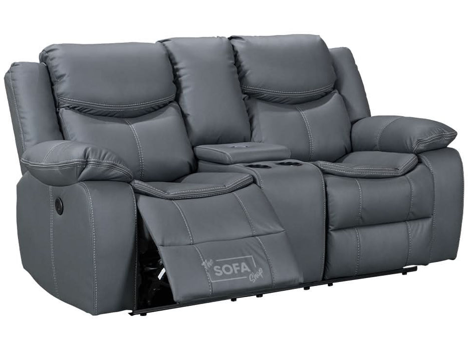 2 Seater Cinema Sofa in Grey Super Fiber Leather | Hi-Tech Console Couch with Power Recline + USB Charging + Wireless Charging + Console Storage + Cup Holders | Highgate | The Sofa Shop