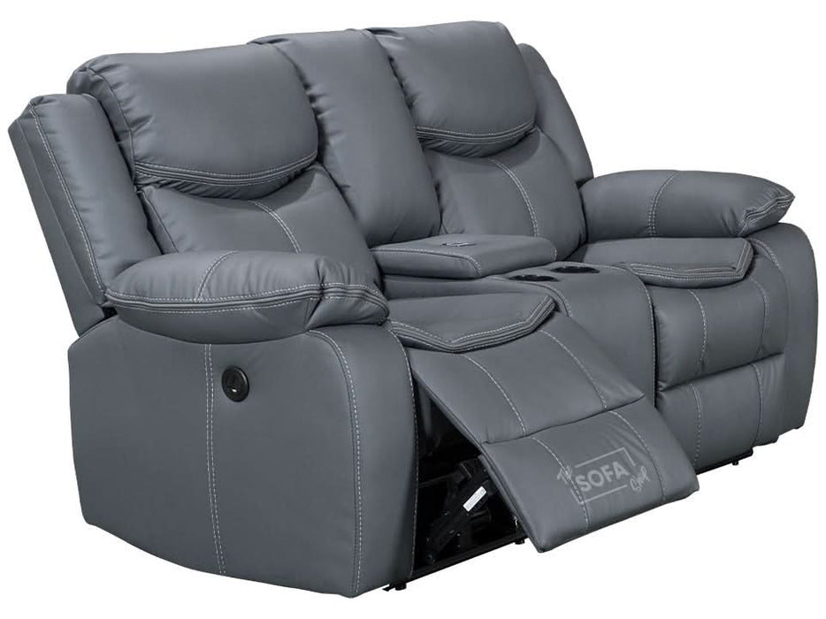 2 Seater Cinema Sofa in Grey Super Fiber Leather | Hi-Tech Console Couch with Power Recline + USB Charging + Wireless Charging + Console Storage + Cup Holders | Highgate | The Sofa Shop