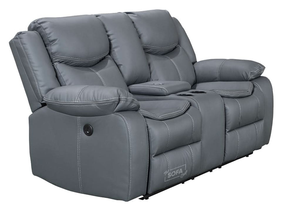 2 Seater Cinema Sofa in Grey Super Fiber Leather | Hi-Tech Console Couch with Power Recline + USB Charging + Wireless Charging + Console Storage + Cup Holders | Highgate | The Sofa Shop