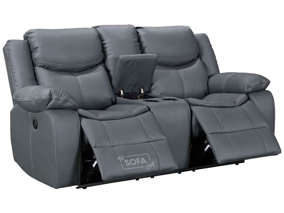 2 Seater Cinema Sofa in Grey Super Fiber Leather | Hi-Tech Console Couch with Power Recline + USB Charging + Wireless Charging + Console Storage + Cup Holders | Highgate | The Sofa Shop