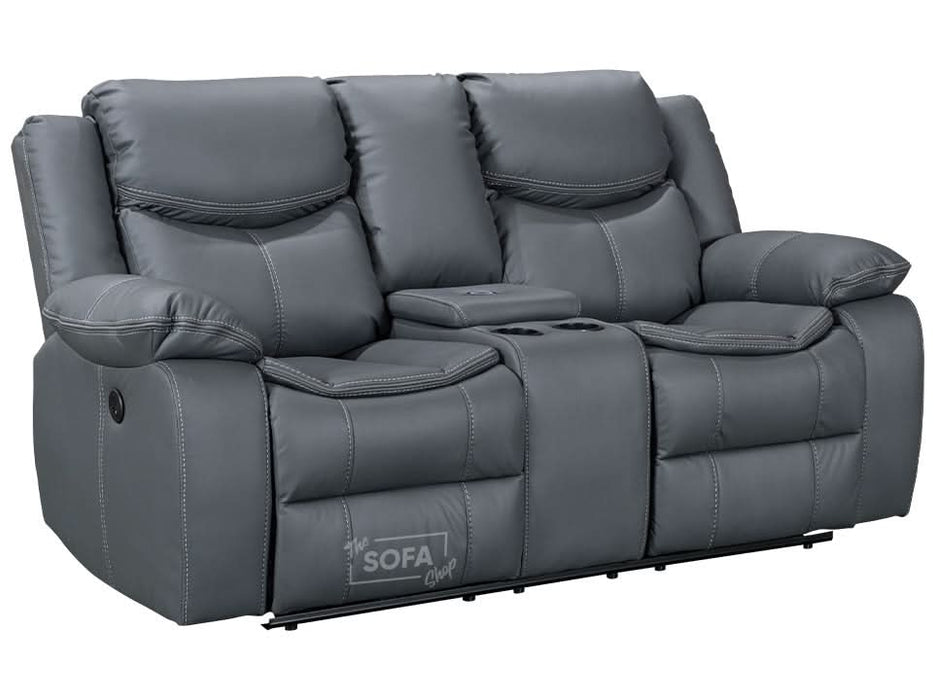 2 Seater Cinema Sofa in Grey Super Fiber Leather | Hi-Tech Console Couch with Power Recline + USB Charging + Wireless Charging + Console Storage + Cup Holders | Highgate | The Sofa Shop