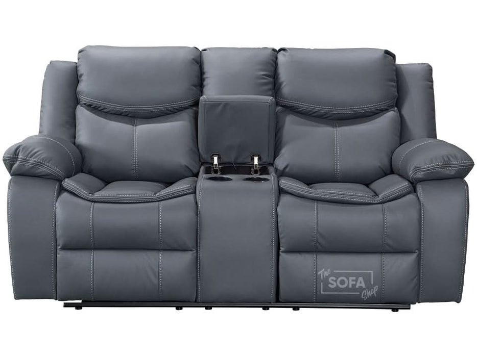 2 Seater Cinema Sofa in Grey Super Fiber Leather | Hi-Tech Console Couch with Power Recline + USB Charging + Wireless Charging + Console Storage + Cup Holders | Highgate | The Sofa Shop