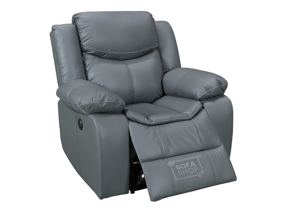 3 2 1 Electric Recliner Sofa Set. 3 Piece Recliner Sofa Package Suite in Grey Leather With USB Ports & Drink Holders & Storage Boxes- Highgate