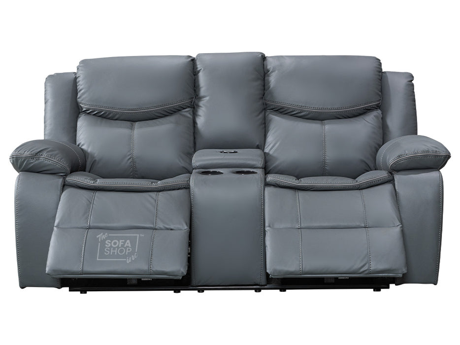 2+1 Electric Recliner Sofa Set inc. Chair in Grey Leather with USB Ports & Console & Wireless Charger - 2 Piece Highgate Power Sofa Set