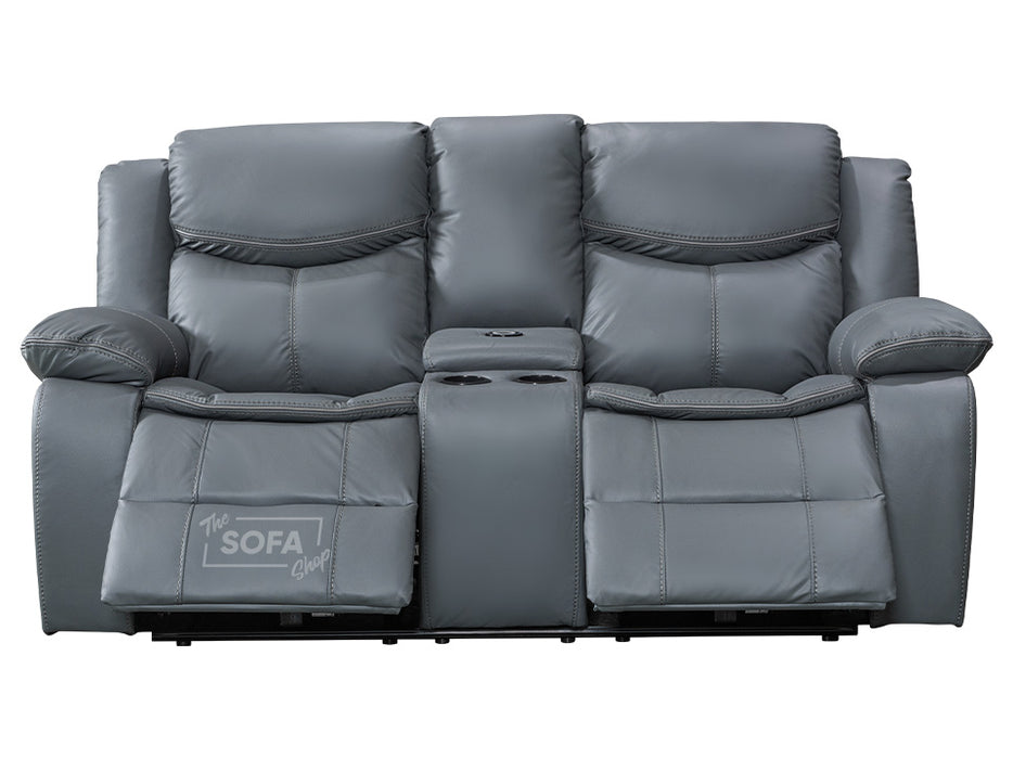 2+2 Electric Recliner Sofa Set - Grey Leather Sofa Package with  Console, Storage, Cup Holders & Wireless Charger - Highgate