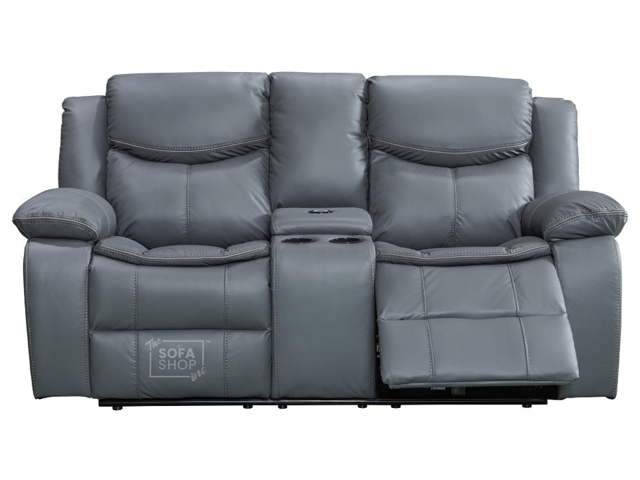 2+1 Electric Recliner Sofa Set inc. Chair in Grey Leather with USB Ports & Console & Wireless Charger - 2 Piece Highgate Power Sofa Set