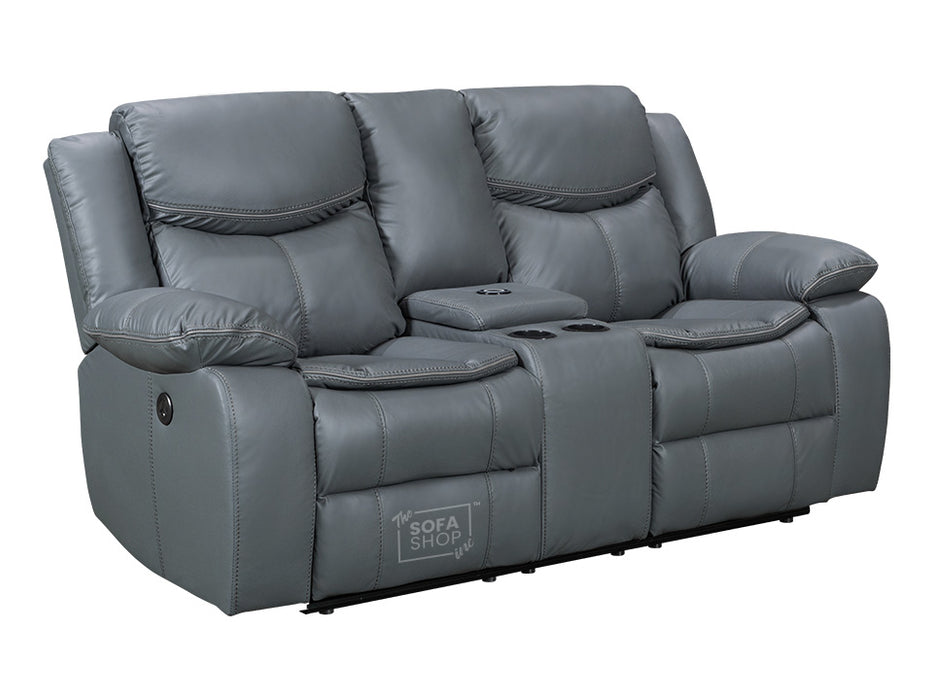 2+1 Electric Recliner Sofa Set inc. Chair in Grey Leather with USB Ports & Console & Wireless Charger - 2 Piece Highgate Power Sofa Set