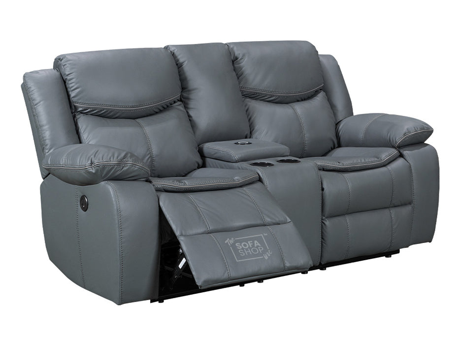 2+2 Electric Recliner Sofa Set - Grey Leather Sofa Package with  Console, Storage, Cup Holders & Wireless Charger - Highgate - Black Friday Sale