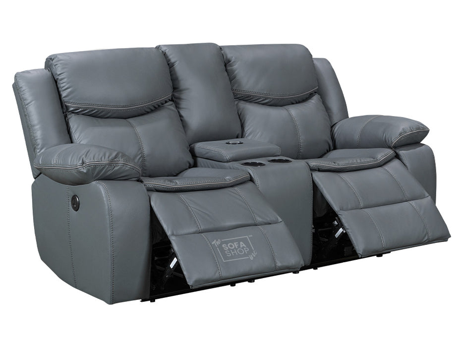 2+1 Electric Recliner Sofa Set inc. Chair in Grey Leather with USB Ports & Console & Wireless Charger - 2 Piece Highgate Power Sofa Set