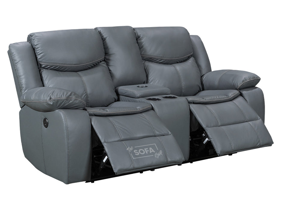 2 1 1 Electric Recliner Sofa Set inc. Chairs in Grey Leather with Console & Wireless Charger - 3 Piece Highgate Power Sofa Set