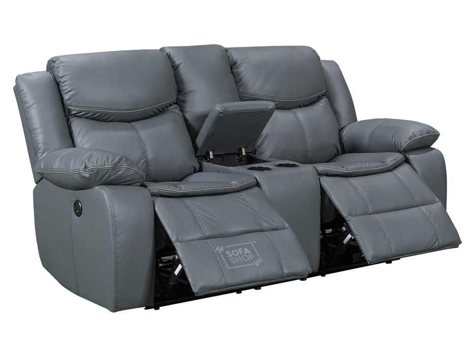 2+1 Electric Recliner Sofa Set inc. Chair in Grey Leather with USB Ports & Console & Wireless Charger - 2 Piece Highgate Power Sofa Set