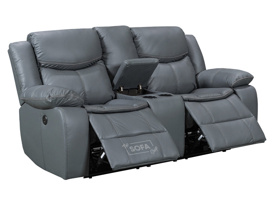 2 Seater Electric Recliner Sofa in Grey Leather with Console, Storage, Cup Holders & Wireless Charger - Highgate