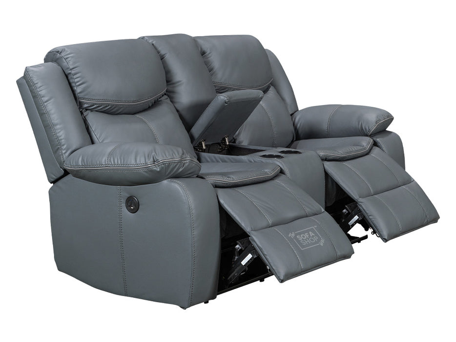 3 2 Electric Recliner Sofa Set. 2 Piece Recliner Sofa Package Suite in Grey Leather With USB Ports & Drink Holders & Storage Boxes- Highgate