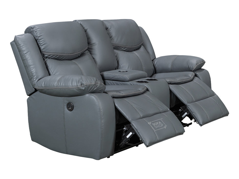 2+2 Electric Recliner Sofa Set - Grey Leather Sofa Package with  Console, Storage, Cup Holders & Wireless Charger - Highgate - Black Friday Sale