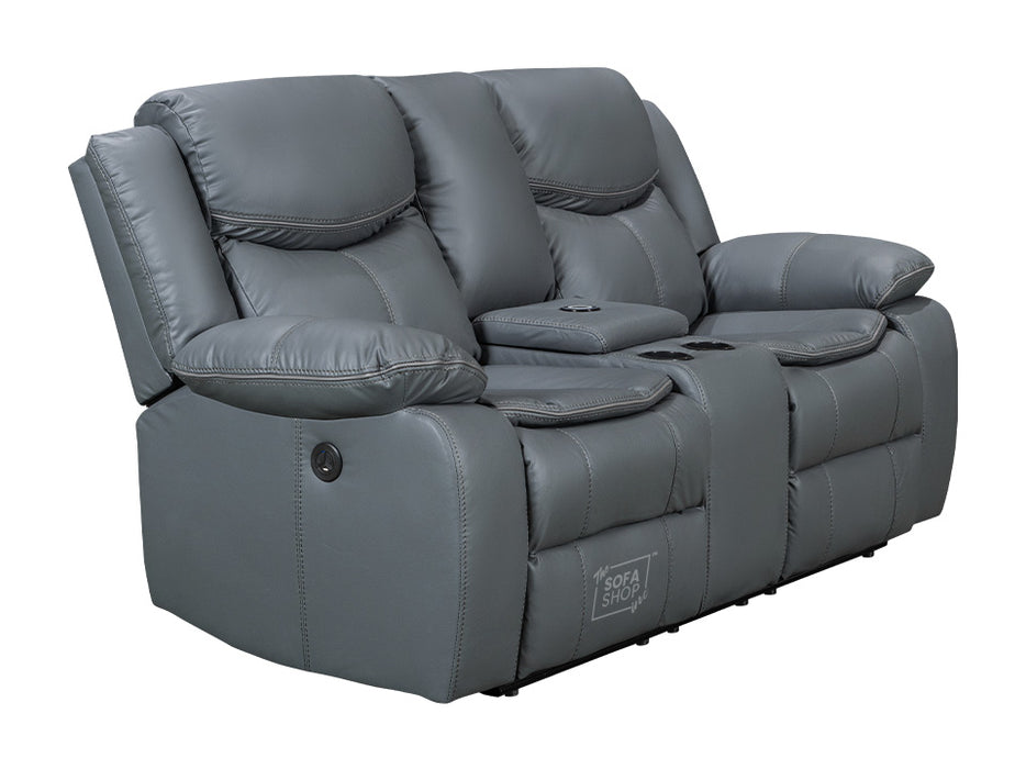 3 2 1 Electric Recliner Sofa Set. 3 Piece Recliner Sofa Package Suite in Grey Leather With USB Ports & Drink Holders & Storage Boxes- Highgate