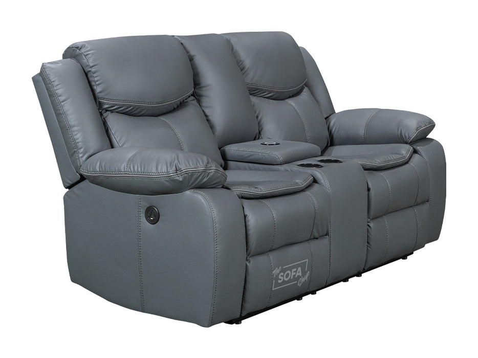 2 1 1 Electric Recliner Sofa Set inc. Chairs in Grey Leather with Console & Wireless Charger - 3 Piece Highgate Power Sofa Set
