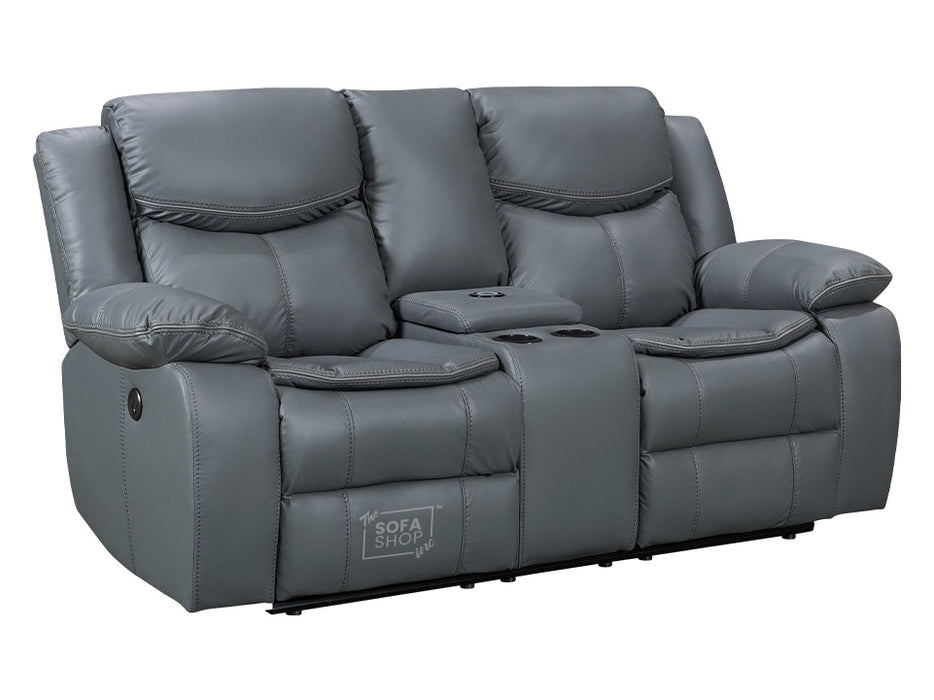 3 2 1 Electric Recliner Sofa Set. 3 Piece Recliner Sofa Package Suite in Grey Leather With USB Ports & Drink Holders & Storage Boxes- Highgate