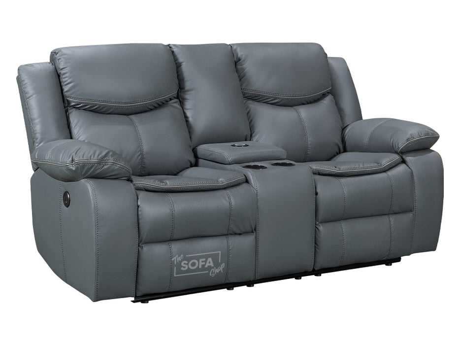 2 Seater Electric Recliner Sofa in Grey Leather with Console, Storage, Cup Holders & Wireless Charger - Highgate