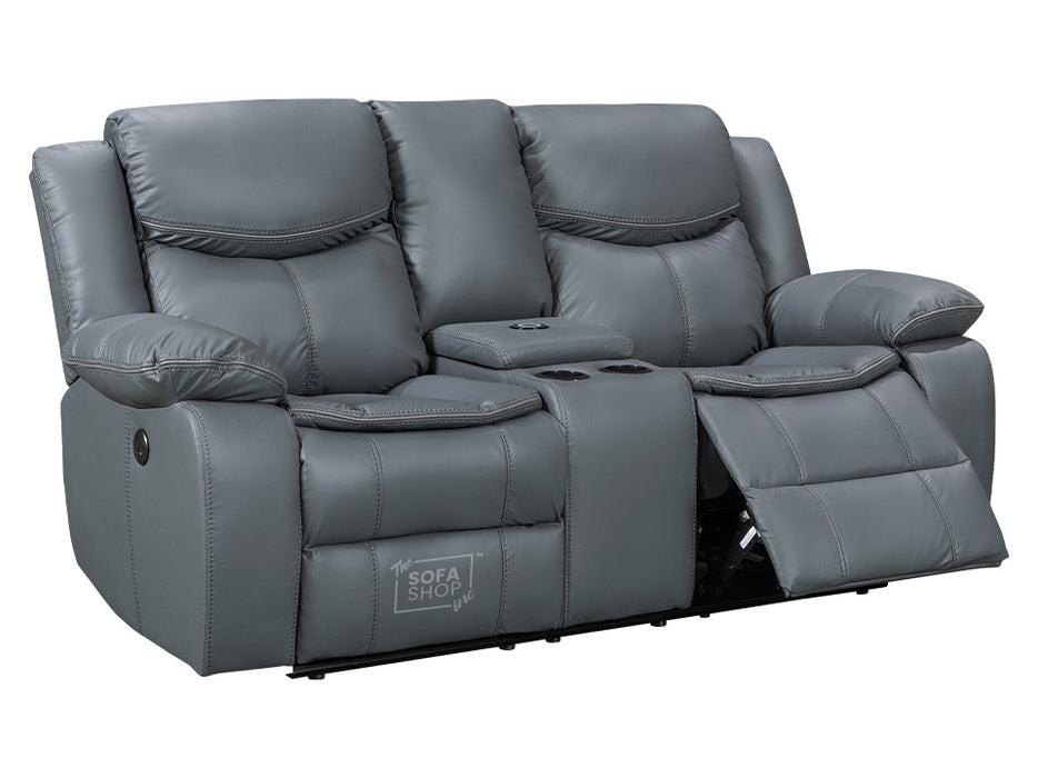 2+1 Electric Recliner Sofa Set inc. Chair in Grey Leather with USB Ports & Console & Wireless Charger - 2 Piece Highgate Power Sofa Set