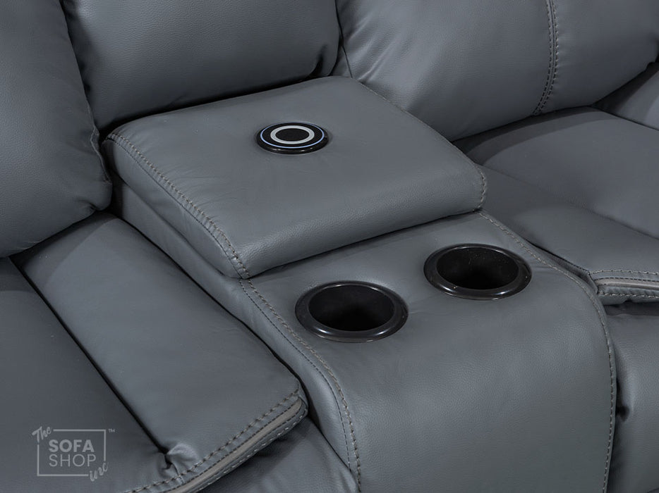 2 Seater Electric Recliner Sofa in Grey Leather with Console, Storage, Cup Holders & Wireless Charger - Highgate