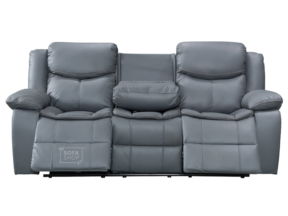 3+1 Electric Recliner Sofa Set inc. Chair in Grey Leather with Drop-Down Table & Cup Holders & Wireless Charger - 2 Piece Highgate Power Sofa Set