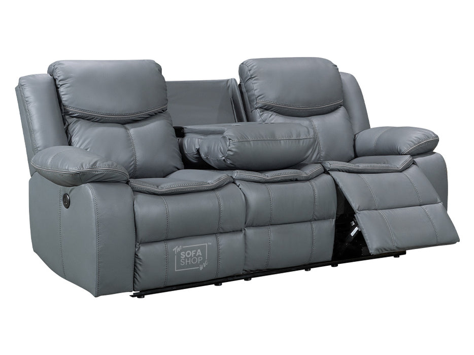 3 Seater Electric Recliner Sofa in Grey Leather with USB Port, Drop-Down Table & Cup Holders - Highgate