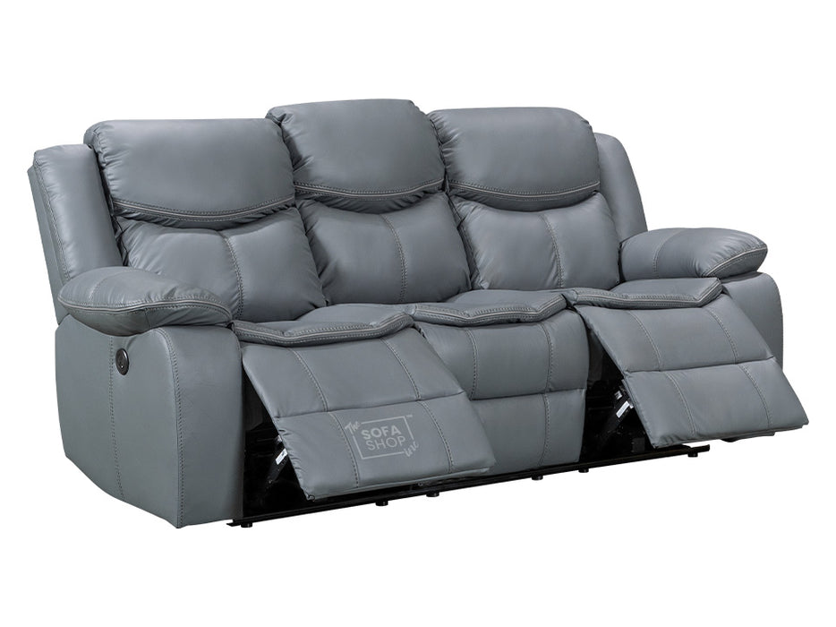 3 2 1 Electric Recliner Sofa Set. 3 Piece Recliner Sofa Package Suite in Grey Leather With USB Ports & Drink Holders & Storage Boxes- Highgate