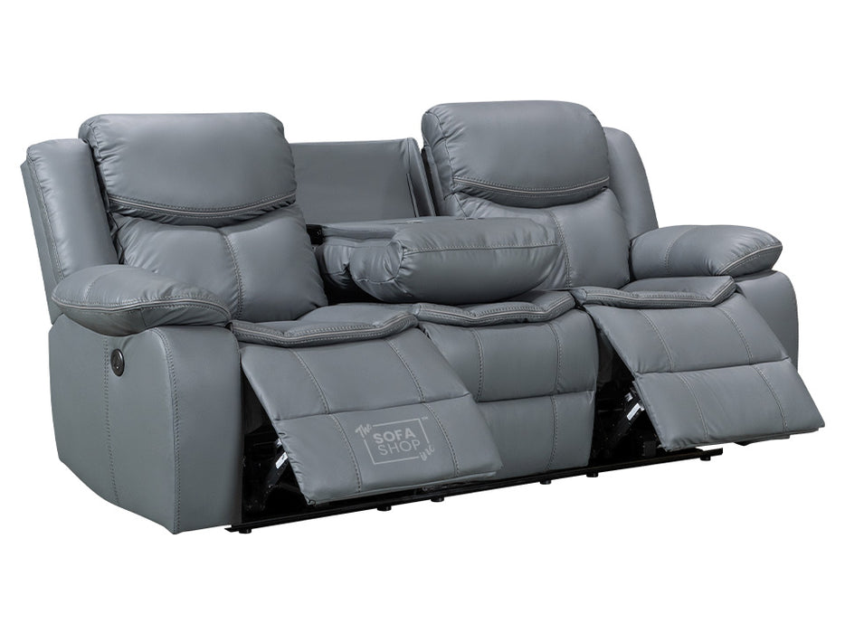 3 Seater Electric Recliner Sofa in Grey Leather with USB Port, Drop-Down Table & Cup Holders - Highgate